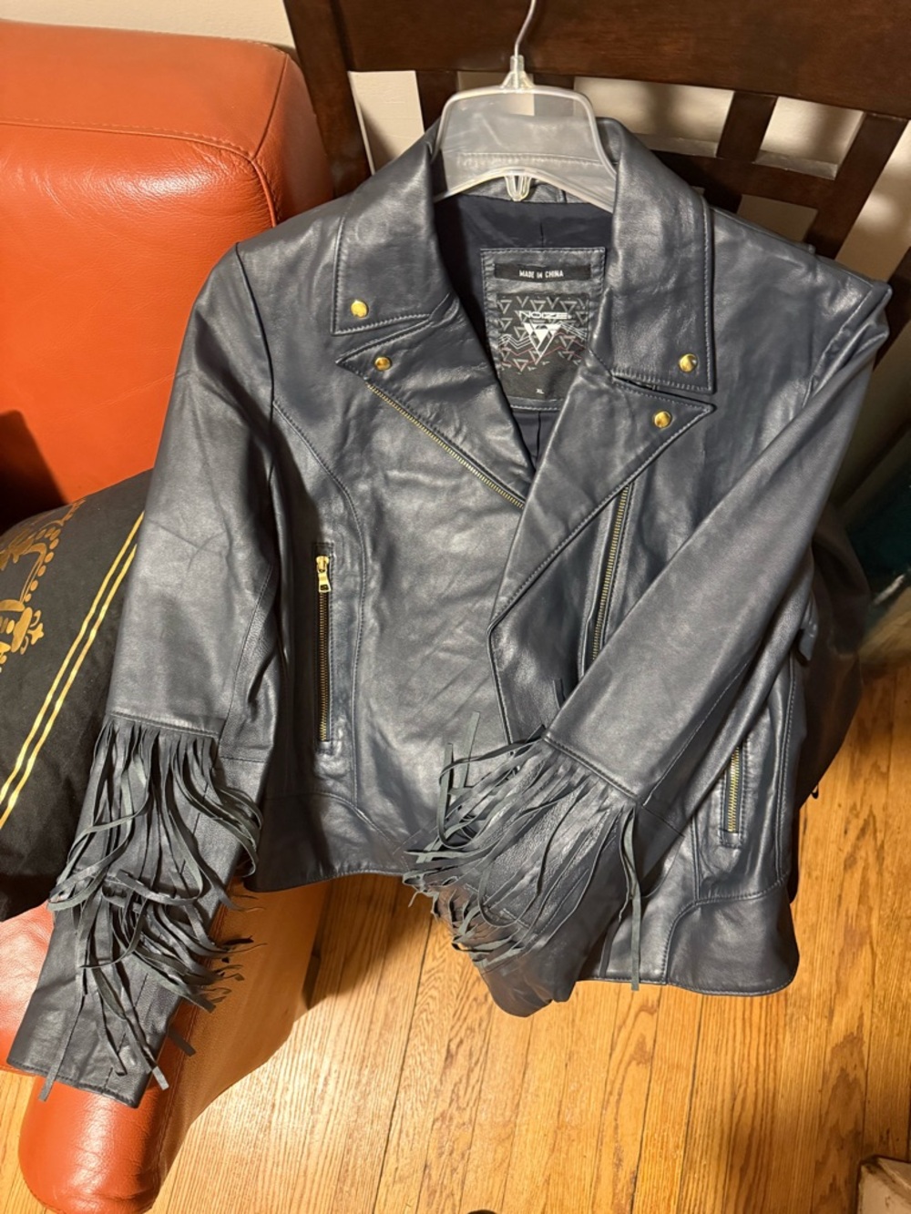 Women’s Navy-Genuine Leather Fringe Moto Jacket